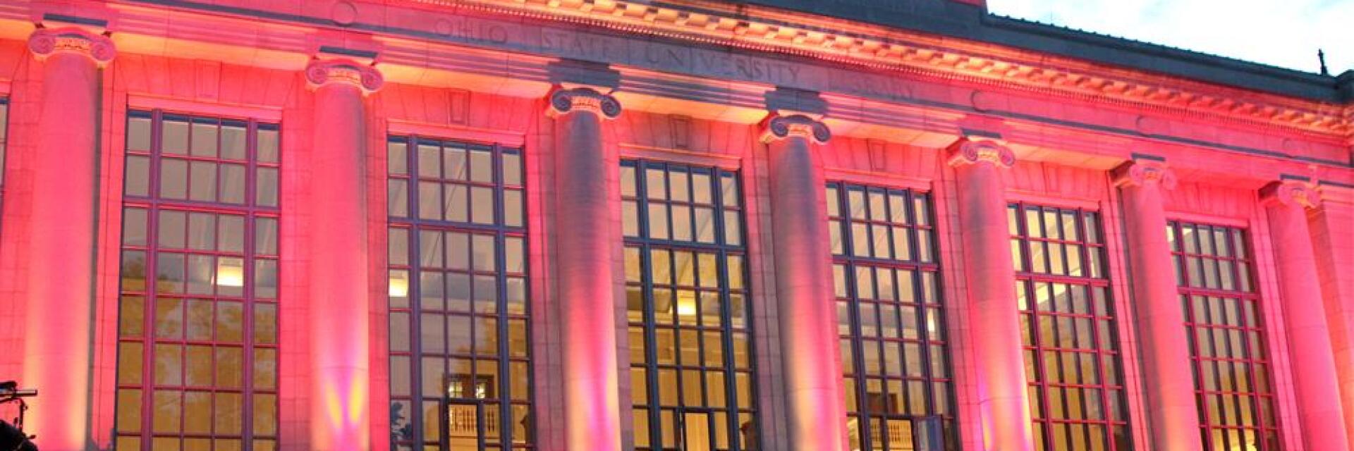 Candlelight Thompson building facade covered in red lights